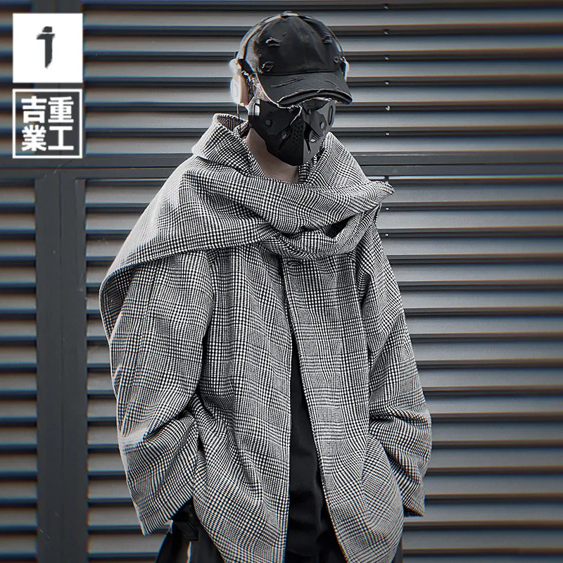 Autumn Winter Hip Hop Punk Scarf Collar Techwear Jacket Woolen Coat Men Vintage Casual Woolen Outerwear 3