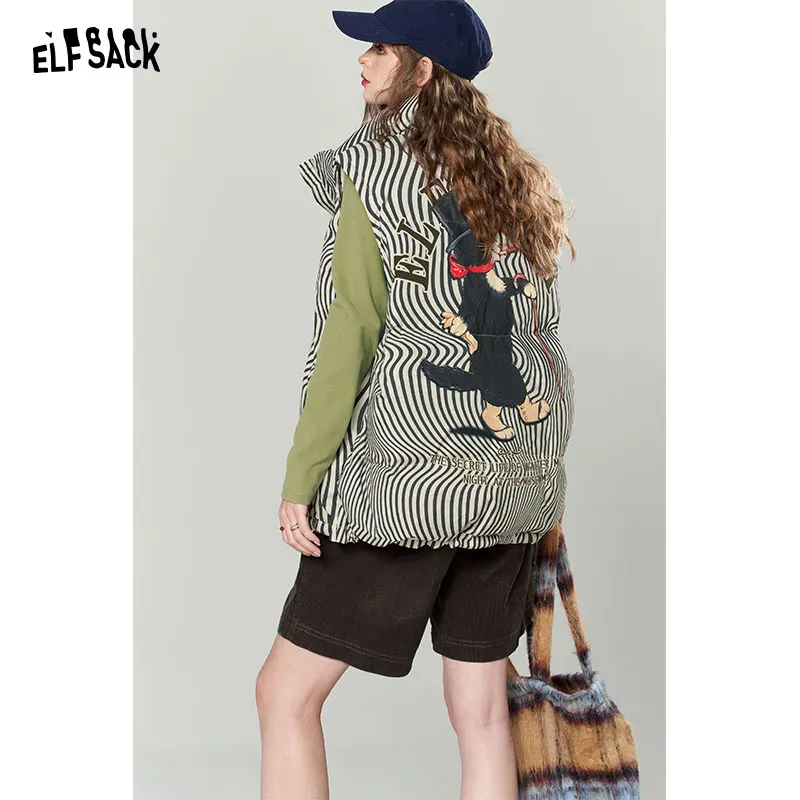 ELFSACK Striped Detachable Down Vest Women 2023 Autumn/Winter New Loose Warm Outwears