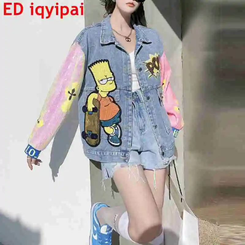 ED iqyipai Denim Jackets Women Cartoon Sequin Stitching Embroidery Streetwear Hip Hop Vintage Outerwear Джинсовая куртка 2020 весна осень женщины ковбой пальто loose длинный рукав короткие женщины джинсовая куртка бомбардировщик куртка пальто