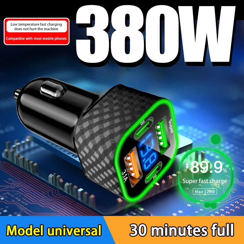 380W USB C Car Phone Charger Dual PD 4 in 1 with Voltage Display Super Fast Charge Adapter For iPhone Oppo Vivo Samsung