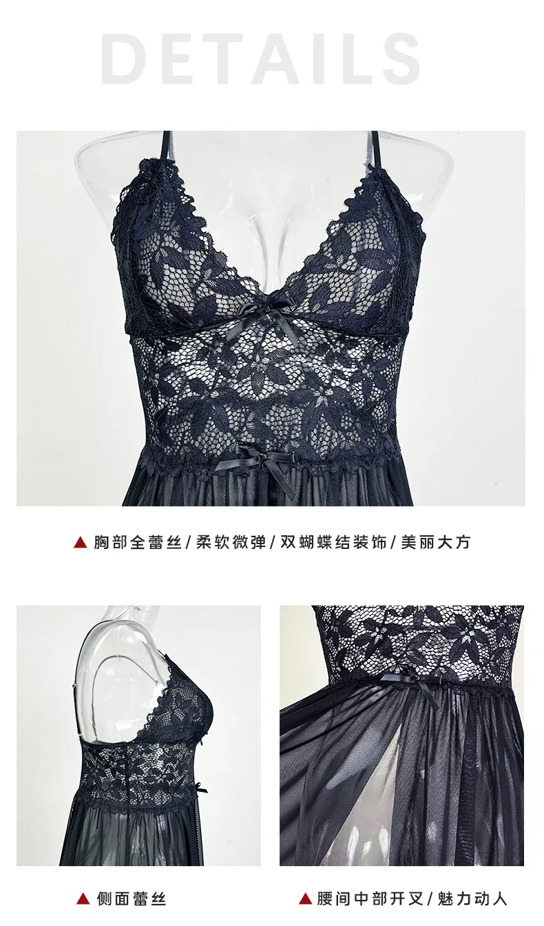 Mesh Spitze Sexy Dessous Dünne Sommer Nachthemden Frauen Backless Sling Schlaf Shirts Weibliche Nachtwäsche Nacht Kleid Nuisette Femme – Detail 4