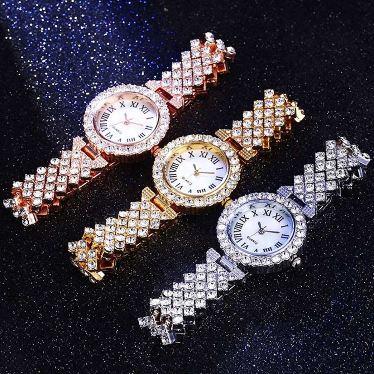 Women Watches 2pcs Set Luxury Women Shiny Bracelet Watches Rose Gold Watch Fashion Ladies Elegant Quartz Diamond Wristwatch Female