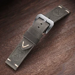 Vintage Dark Brown Handmade Cowhide Leather Watchband Strap - Soft Men's Bracelet - 26mm (Gray - Silver)