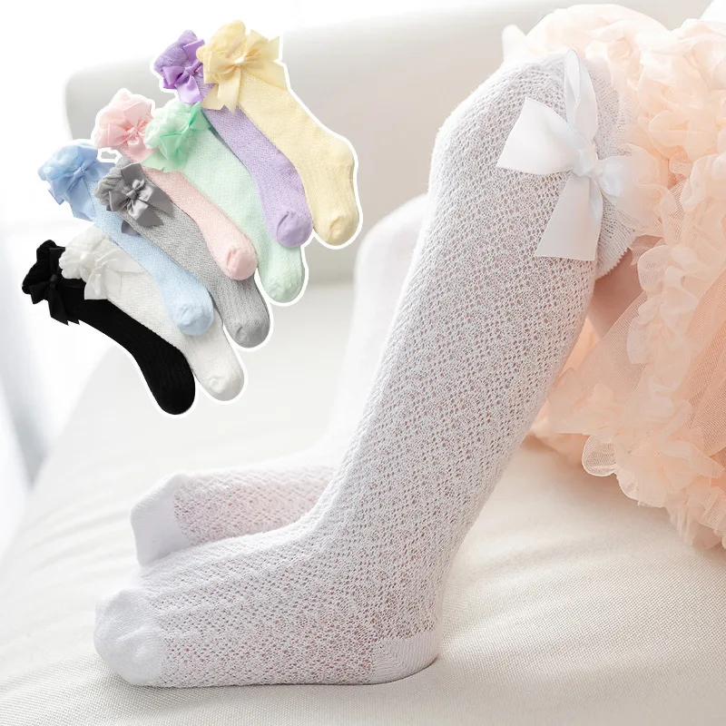 1 Pairs For Baby Girls Socks Summer Kids Knee High Long Sock Children Bow Tie Out Cotton Mesh Socks Infant Thin Soft Solid Socks 5