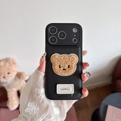 Charming Cowboy Bear PU Leather Phone Case with Kickstand - Solid Color Cover - iPhone 15 Plus (Black)