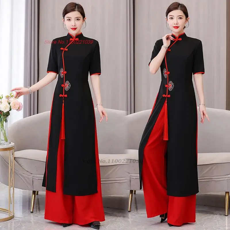 2024 traditional vietnam ao dai vintage dress+pants set national flower  embroidery cheongsam dress aodai banquet evening dress - AliExpress