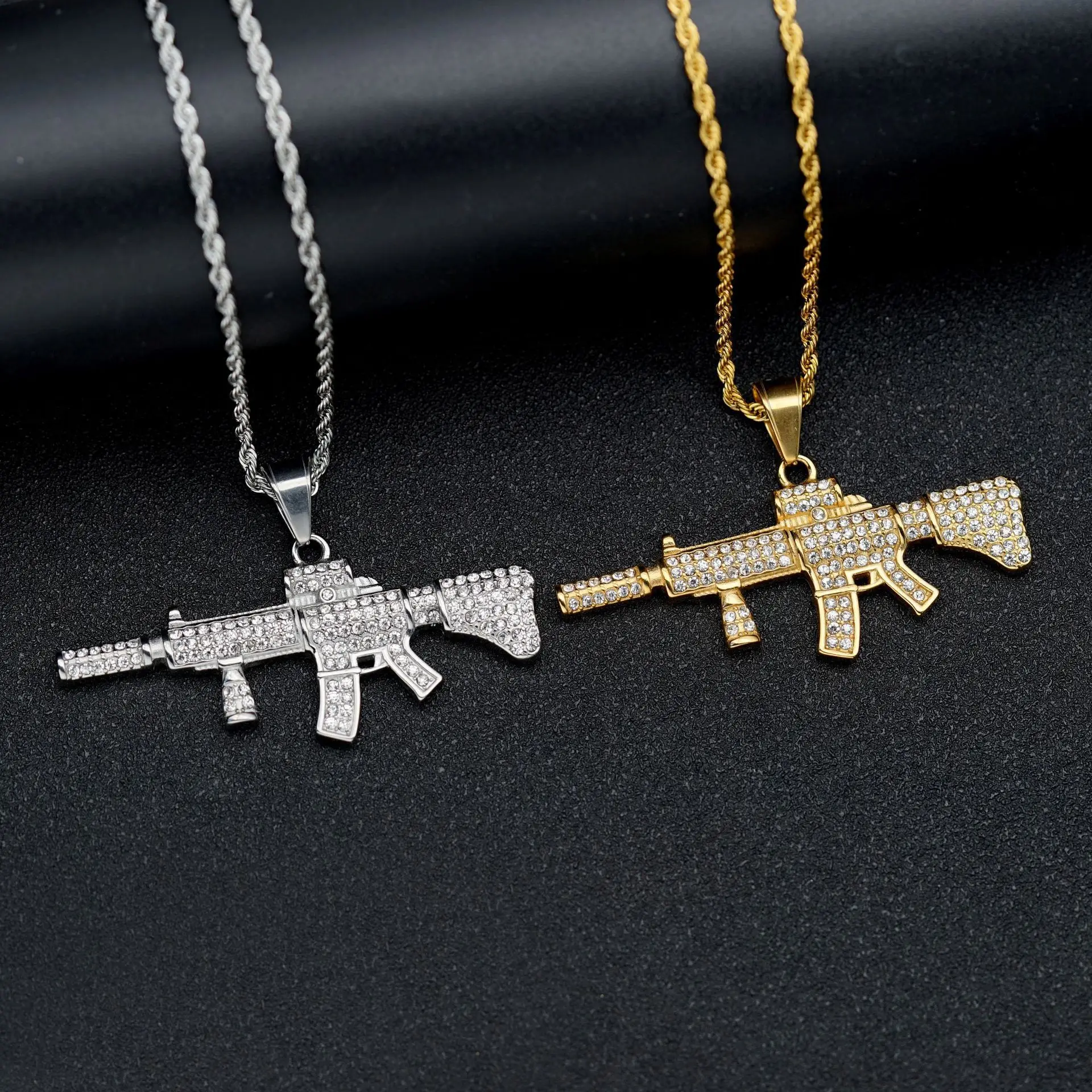 Iced Out AK47 Gun Pendant Rhinestone Stainless Steel Mens Necklace Hiphop Jewelry 2