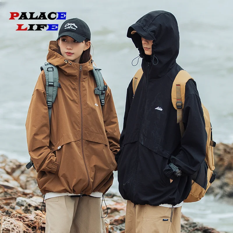 

Spring New Light Weight Hooded Men Windbreaker Jacket Hooded Women Loose Patchwork Zipper Solid Color Hat Jackets Plus Size