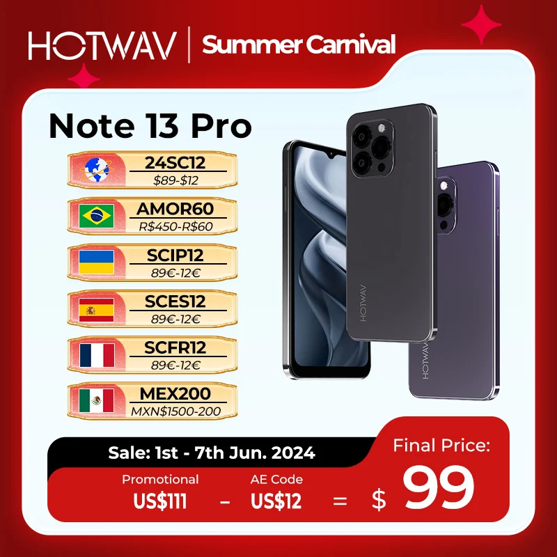 [Światowa premiera] HOTWAV Note 13 Pro 6,6'' HD+ Android 13 16 GB + 256 GB Octa-Core 50 MP NFC 5160 mAh 18 W Ładowanie Dodaj do kosza i willi