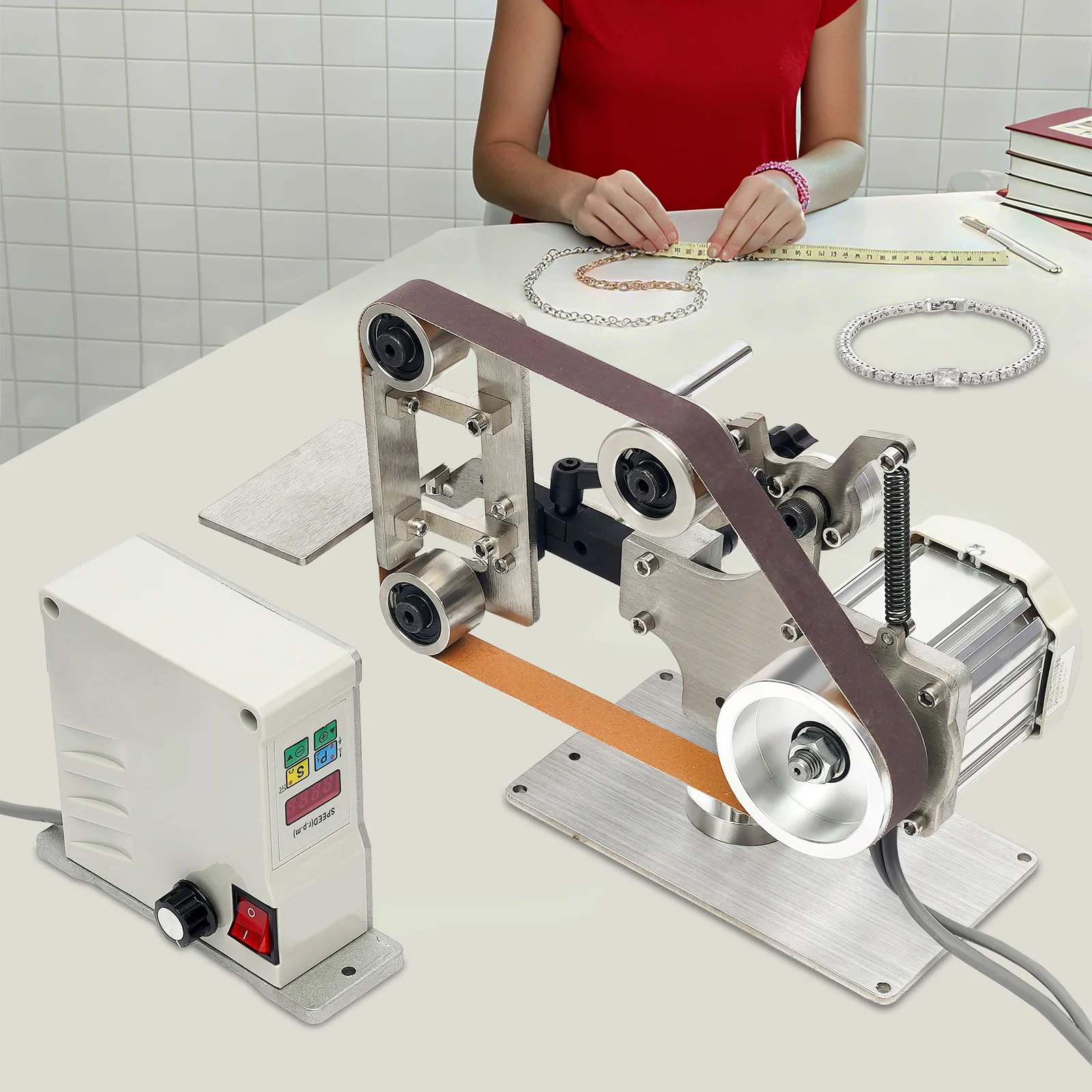 Machine à bande de bureau multifonction, avec moteur sans balais, ponceuse à bande 762x25MM, affûteuse, polisseuse et rectifieuse