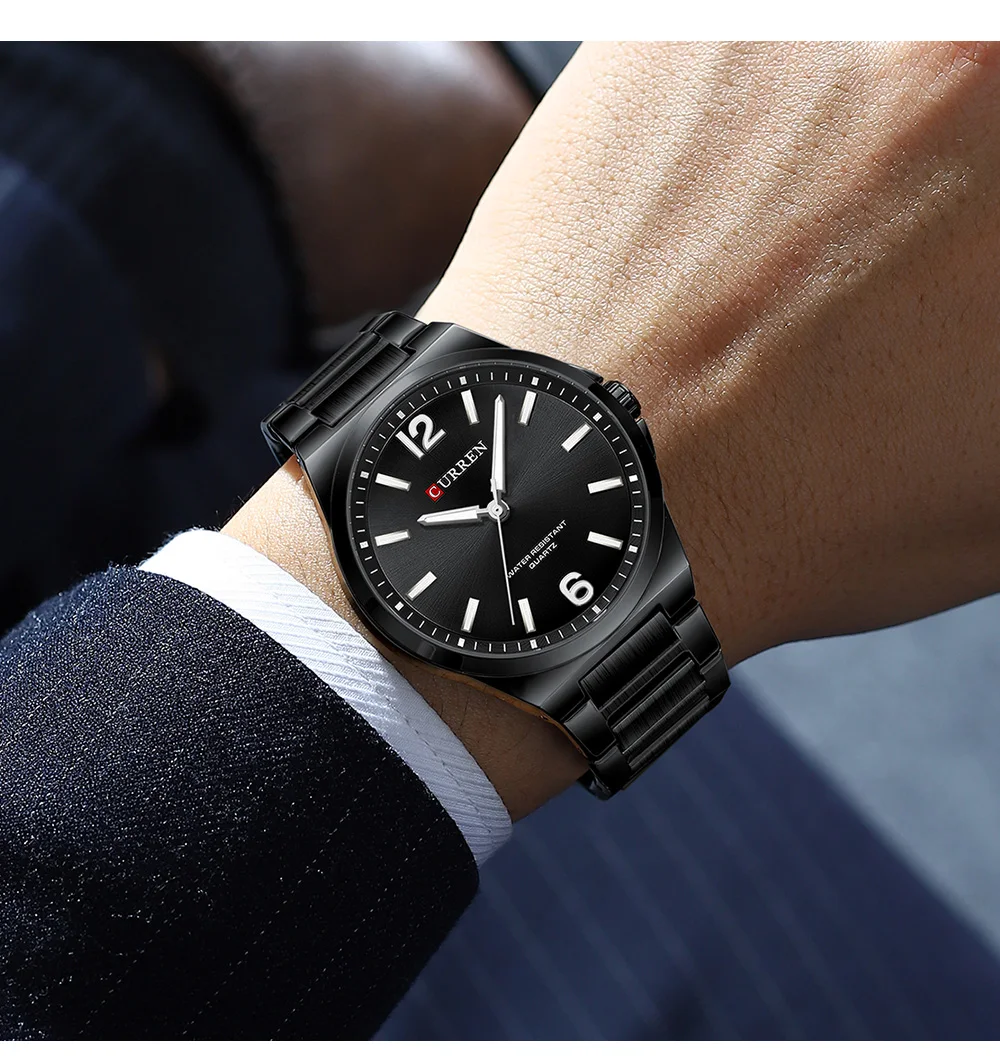 CURREN Minimalist Business Watch for Men Classic Quartz Black Wristwatch with Stainless Steel Band Luminous Hands Waterproof