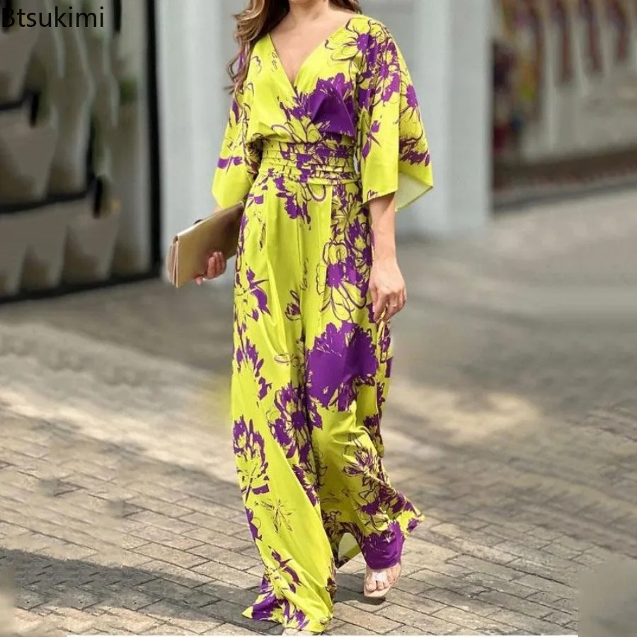 

Summer New Backless Jumpsuit for Women Fashion V-neck Batwing Sleeve Nipped Waist Loose Wide Legs Ladies Casual Suit Streetwear