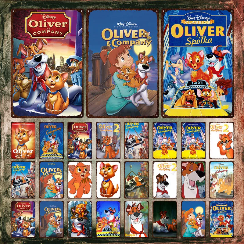 Disney Oliver & Company Metal Poster Orphan Cat Oliva E His Dog Friends Cartoon Movie Metal Sign Vintage Tin Sign Room Decor