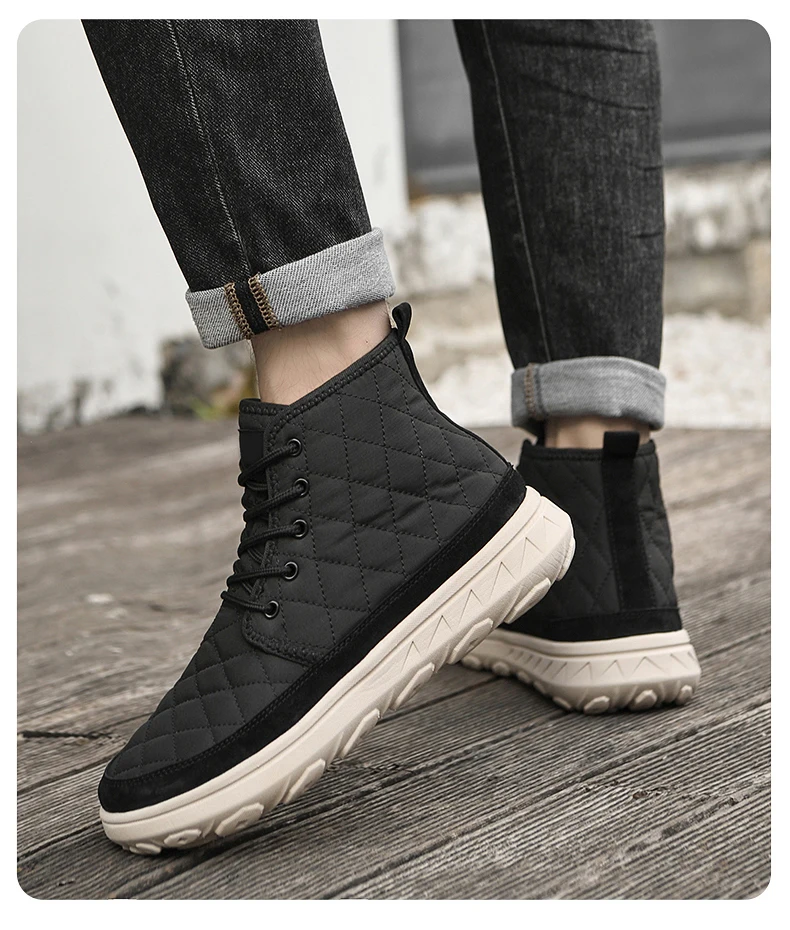 Stoff + Schweinsleder Plüschfell Winter Herrenstiefel High Top Warme Baumwollschuhe Schnürplattform Schneestiefel Rutschfeste Schnürstiefeletten – Detail 21