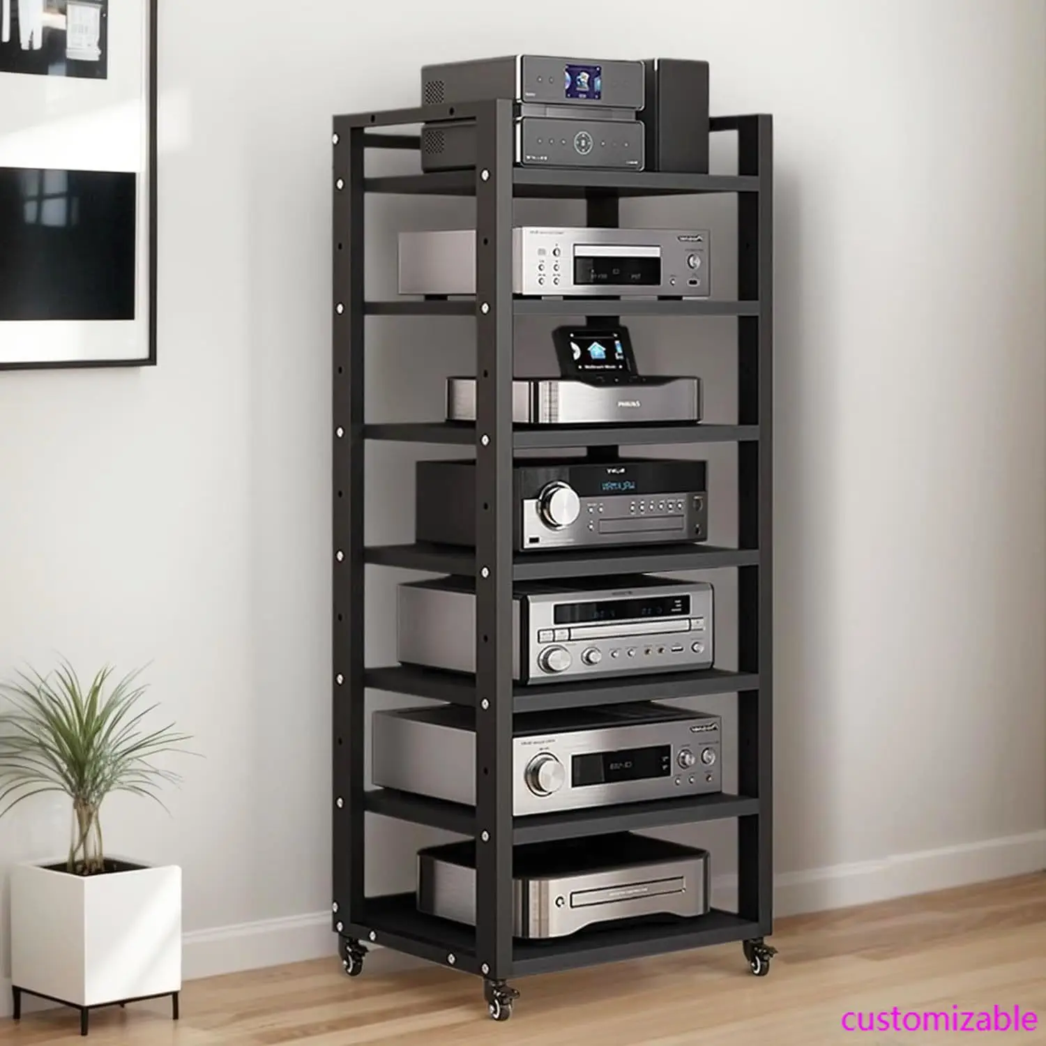 7-Tier Heavy Duty Audio Video Rack 140cm Adjustable Shelves Universal Wheels Home Entertainment Stand