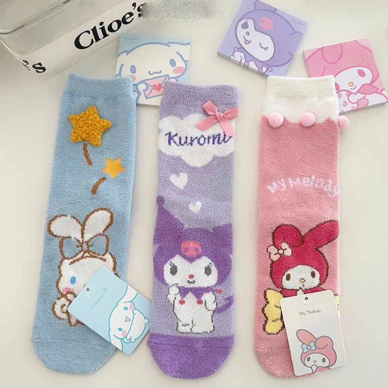 

Kawaii Sanrio Kuromi Mymelody Cinnamoroll Socks Winter Cartoon Cute Sleep Floor Socks Plush Christmas Birthday Gift For Girls