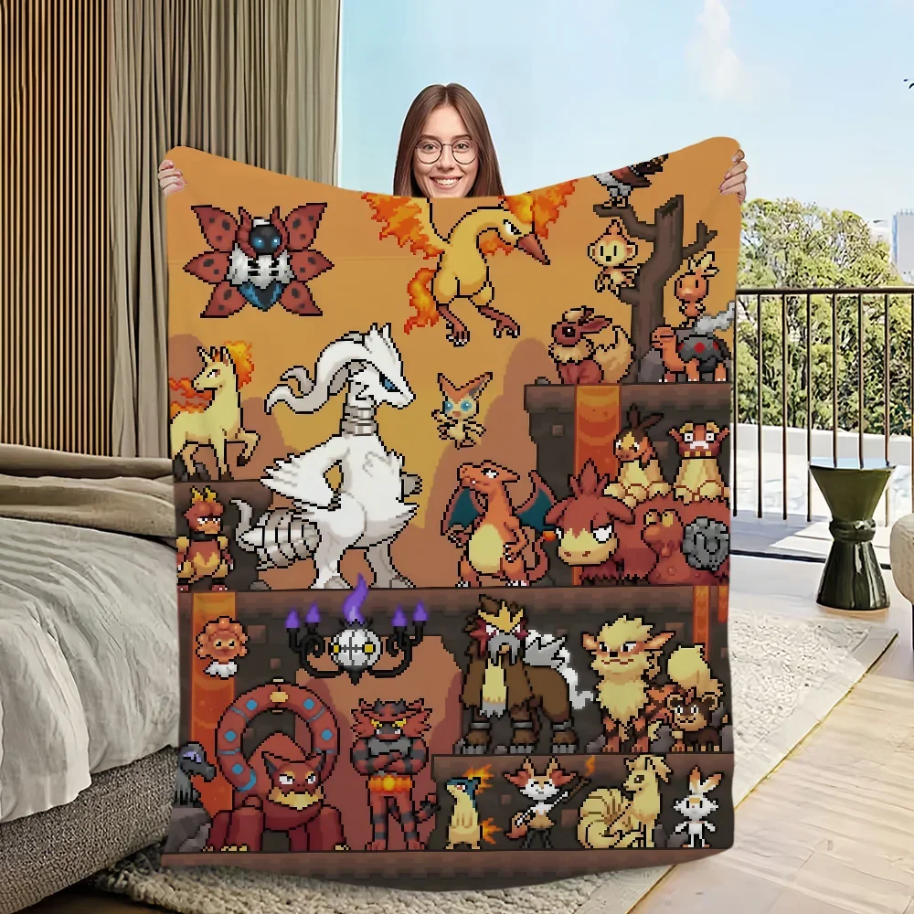 Pixel Art Flannel warm comfort  soft plush P-Pokemon blanket for Anime sofa living room bedroom travel gift single-sided printed 3