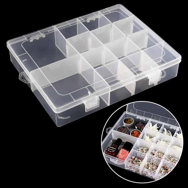 

1pc Nail Art Storage Box Adjustable Rhinestones Jewelry Beads Transparent Container Empty Holder False Nail Plate Case Organizer
