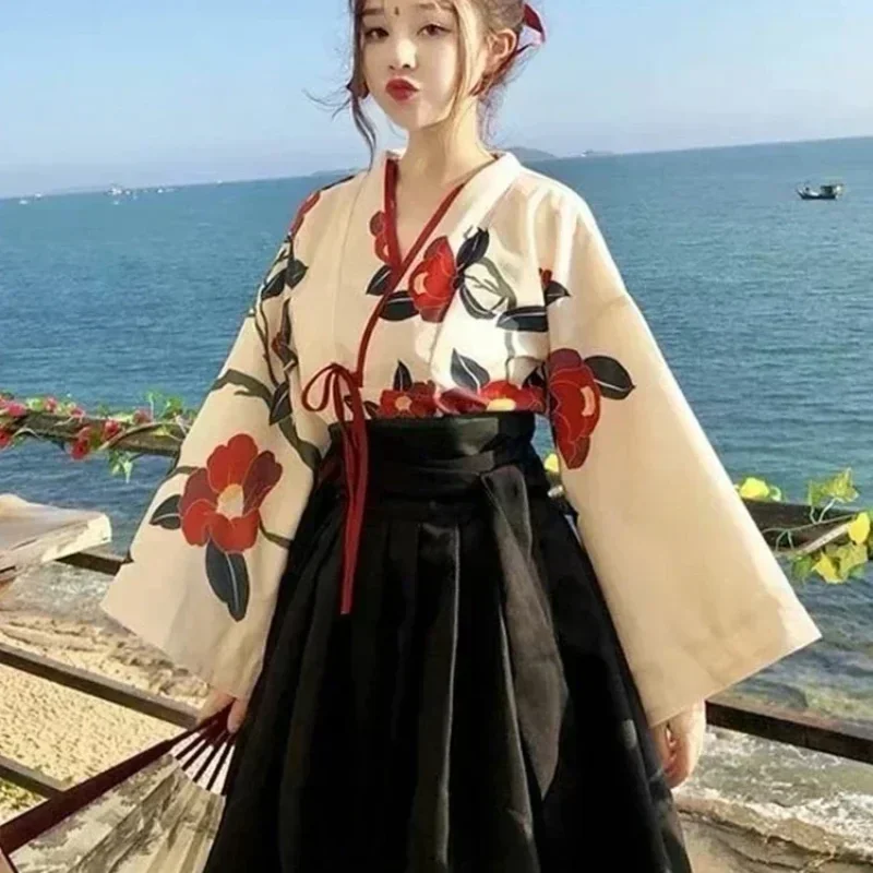 Japanese Style Floral Print Dress Long Kimono Skirt Kawaii Clothing Girls Party Robe Set Vintage Costume Asian Cosplay Women japanese kimono