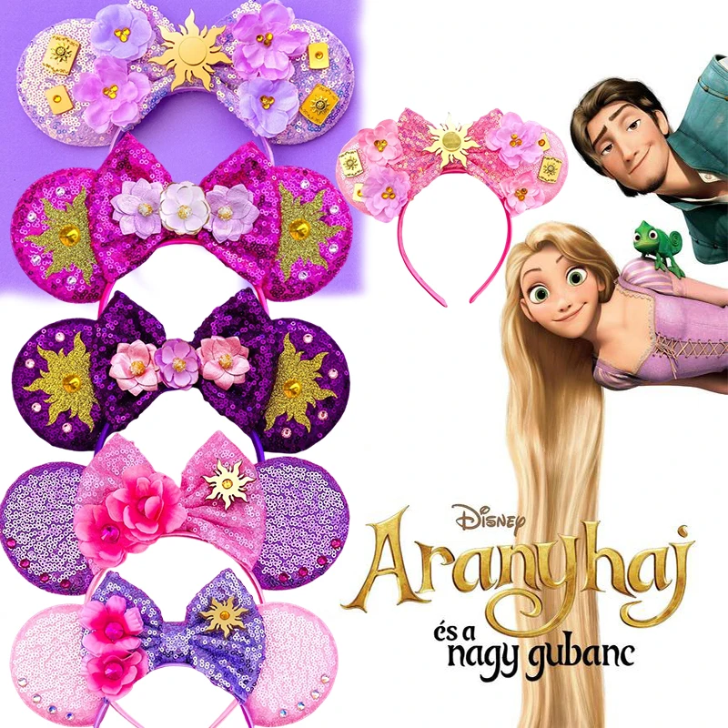 Disney Princess Headband Ears For Kids Rapunzel Hair Bands Women Magic Hexagram Hair Accessories Girls Sequins Bow Headwear Gift