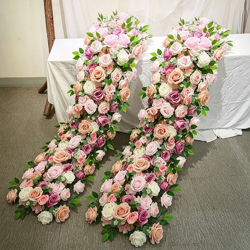 Rosa Rose Grünes Blatt Künstliche Lange Blumenreihe Blumenwand Hochzeits-Hintergrund-Dekoration Event-Party-Requisiten 100/200cm