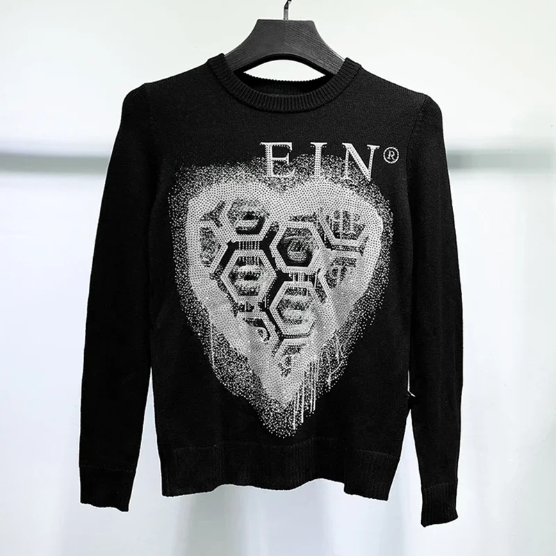 

2024 Men's Crew Neck Knit Sweater Fashion Brand Men's Black Rhinestone Design High Quality Casual Hip Hop Sweater
