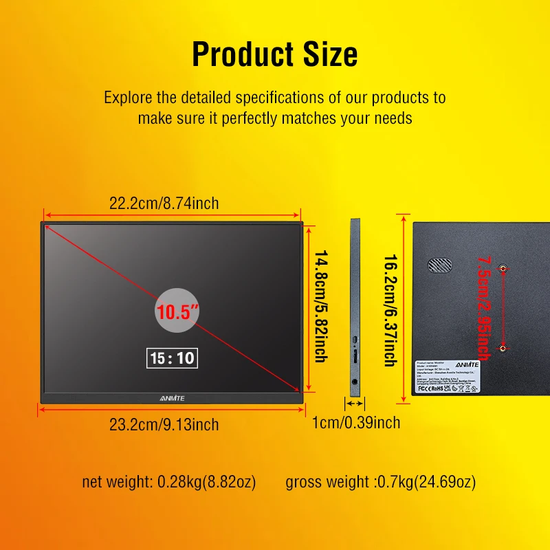 10.5인치 휴대용 모니터 1280P HDR 15:10 저블루라이트 Xbox PS4/5 스위치 휴대폰 PC 노트북 확장용
