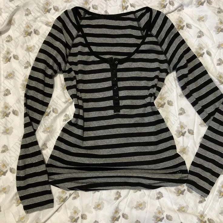 Gothic Subculture Punk T-shirt Fashion Stripes Aesthetic Long Sleeve Soft Y2K Harajuku Woman Clothing emo Tops Slim Pullover Tee 1