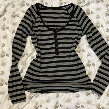 Gothic Subculture Punk T-shirt Fashion Stripes Aesthetic Long Sleeve Soft Y2K Harajuku Woman Clothing emo Tops Slim Pullover Tee 1