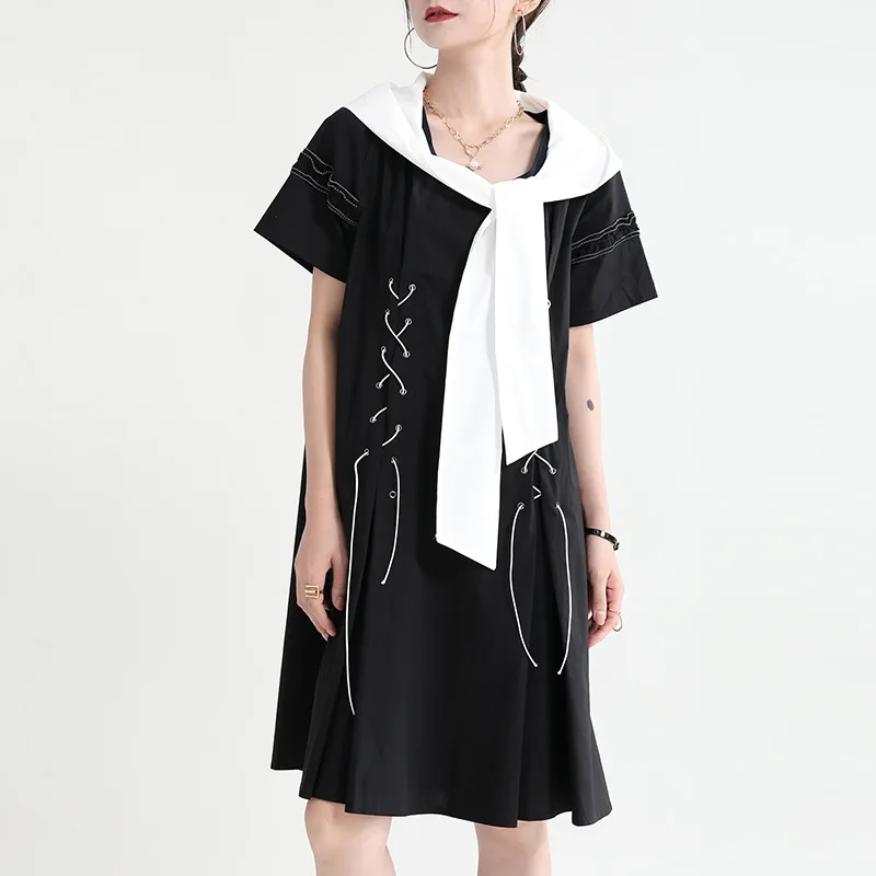 

Lace-up navy collar black and white contrasting color dress new college age-reducing French vintage short-sleeved skirt
