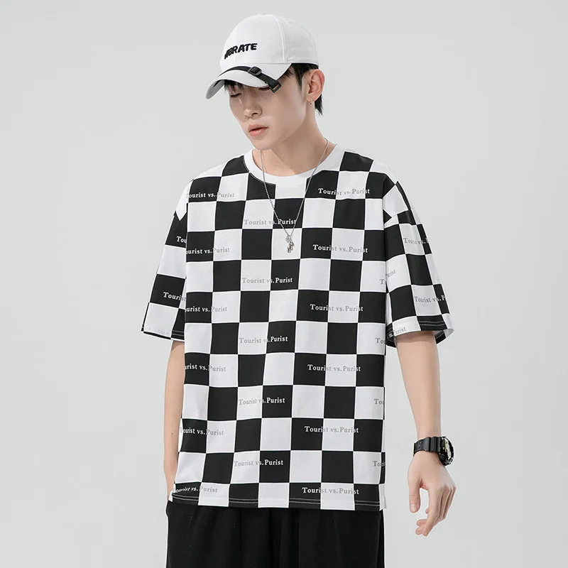 

New Summer Menswear Japanese-Style Retro Chessboard Plaid Short Sleeve Printed T-shirt Men's Street Hip-Hop Loose Cotton T Shirt