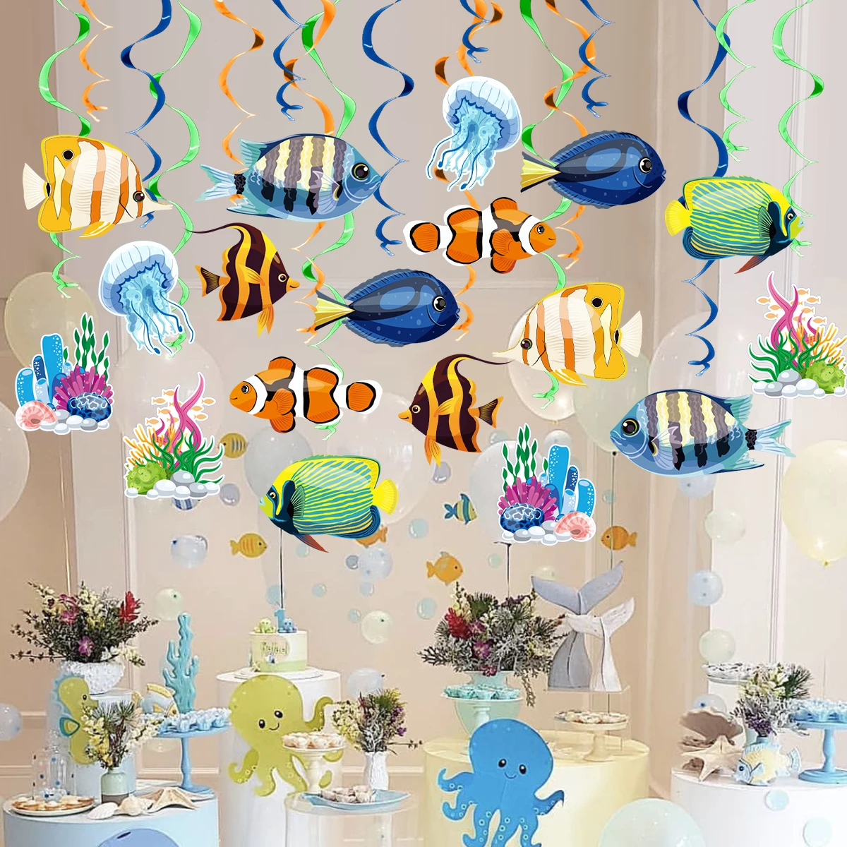 10 Stück tropische Fische Papier Wabenball Ozean Tier Zuhause zum Aufhängen für Kinder unter dem Meer Thema Geburtstag Babyparty Party Dekor – Detail 7