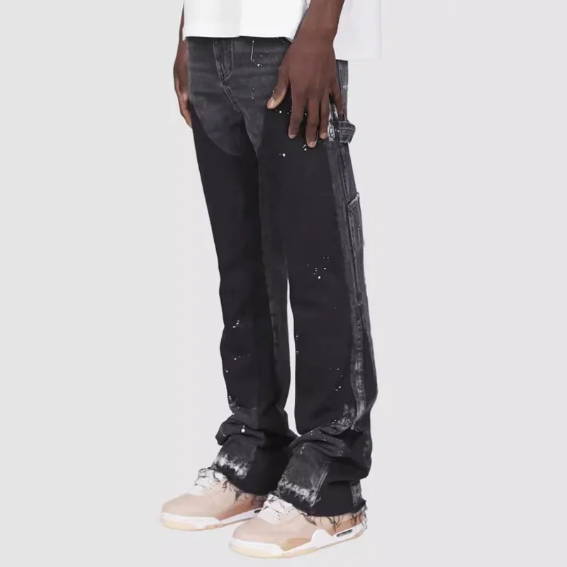 Men's Denim Work Pants, Explosive Workwear, Elastic Patch Denim Layered Flared Pants, Spring New Style 4