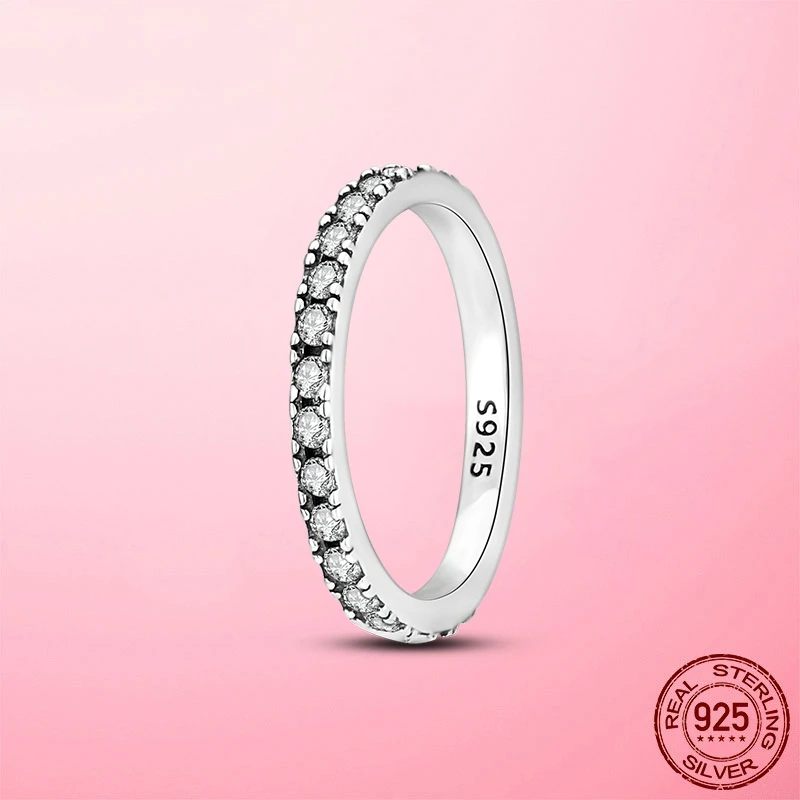 Silver Ring Sparkling Wedding Ring 925 Silver Stackable Beaded CZ Zircon Finger Ring for Women Engagement Band
