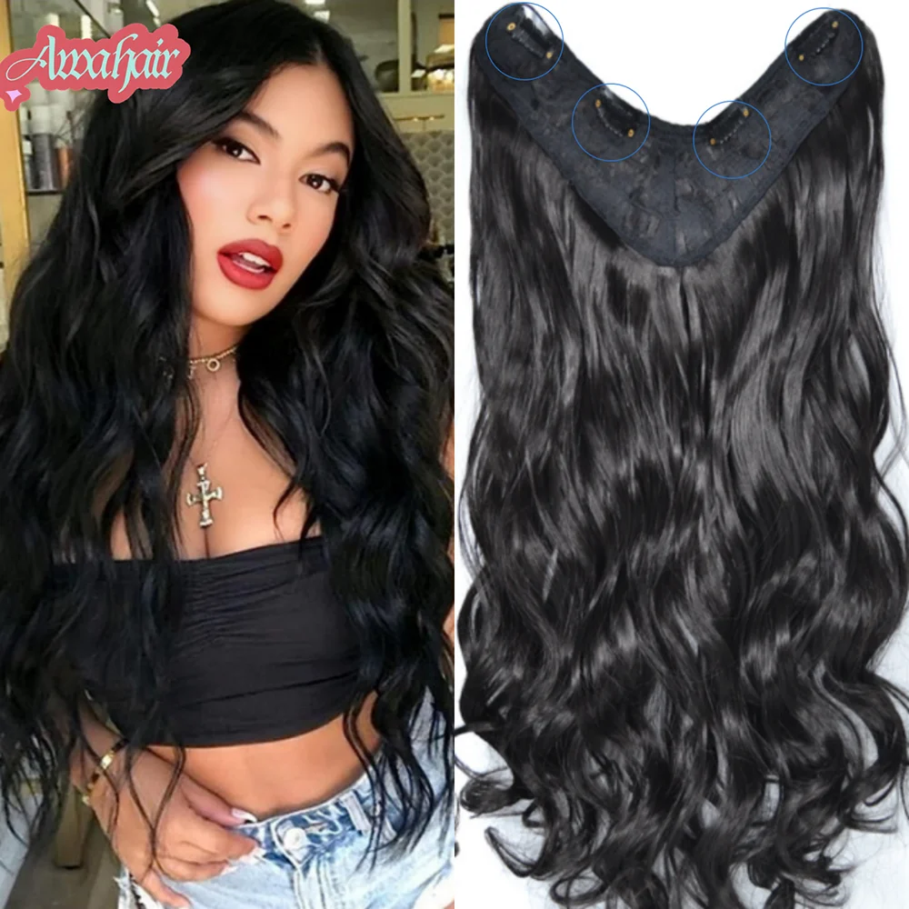 V Part Hair Extensions Synthetic Curly Wave Clips in Hair Extensions One Piece 3/4 Full Head Half Wig Straight Thick Hairpiece