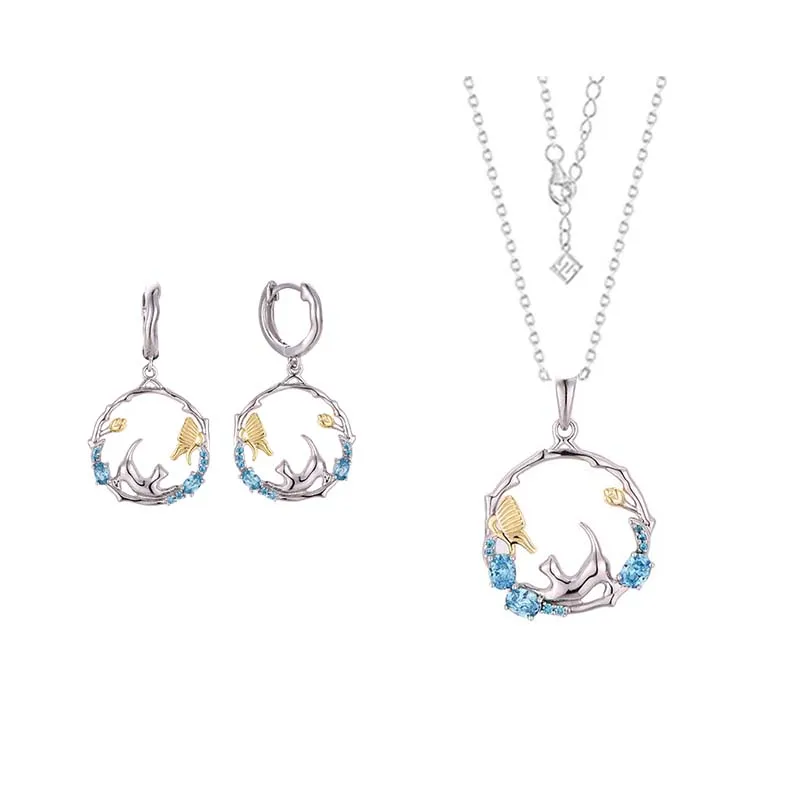 Fine Jewelry Women Cat Luxury 925 Silver Necklace Earrings Zirconia Jewelry Set