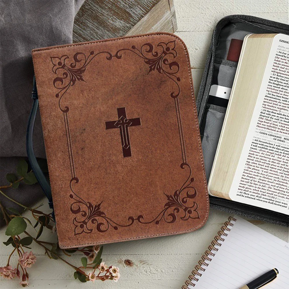 Religious PU Book Sleeve with Cross Print Multi-Functional Bible Cover Clutch for Church Events & Christian Travel Essentials