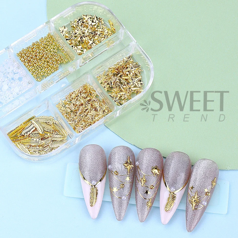 1 Box Mixed 3D Golden Summer Ocean Nail Accessories Shells/Seahorses/Starfish/White Pearl  DIY Nail Rhinestone Charm Decoration