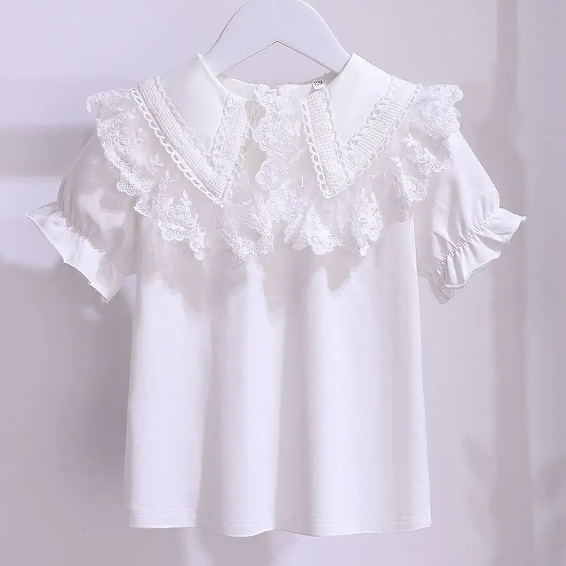 White Girls Short Sleeve T-Shirt Summer New Cotton Teen Kids Lace Lapel Blouse Cheildren School Clothes Tops 3-12 Y