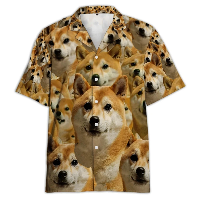 Cute Shiba Inu 3D Printed Shirts For Men Clothes Funny Dog Beach Shirt Pet Dogs Unisex Lapel Blouse Casual Hawaiian Women Tops 3