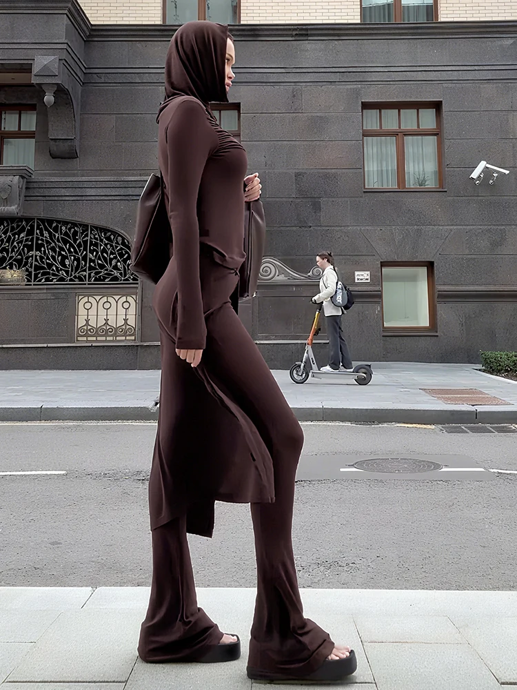 Nibber Fashion Autumn New Style 2Piece Set Woman Hooded Full Sleeve Splits Long Dresses+High Waist Flare Pants High Street Suits