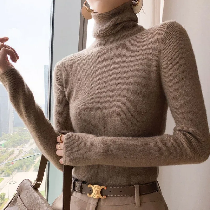 New Retro Turtleneck Women's Long-sleeved Sweater Fall casual Fashion Solid Color Knitwear Slim Bottoming Shirt