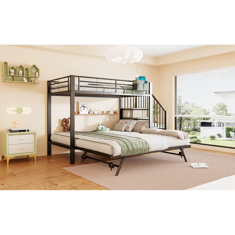 Schwarzes Metall-Eisenrahmen-Etagenbett 90×200 180×200cm Multifunktionales Ausziehbett mit Aufbewahrungstreppen & Stofftasche Platzsparend – Detail 23