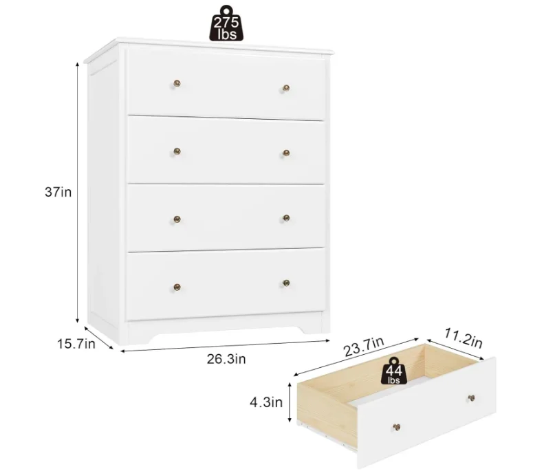 White Dresser 4 Drawer Dressers Chest of Drawers Modern Tall Dresser Wood Drawer Chest Storage Cabinet for Living Room 3