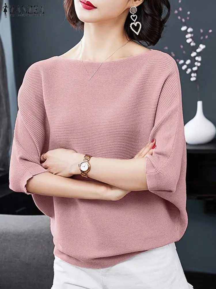 

ZANZEA Daily Solid Color Blouses Women Ribbed Knitted Boat Neck Elegant T-shirts 2024 Fashion Spring Gentle 3/4 Sleeve Blusas