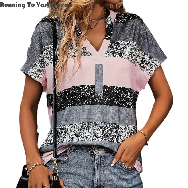 

2024 New Bright Crystal 3D Printed Comfortable and Casual Printed Striped Plaid V-neck Commuting Short Sleeved Women's T-shirts
