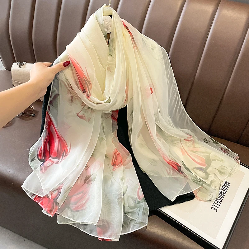 

Spring Summer Women Travel Sun Resistance Flower Printed Shawl Beige Thin Soft Long Silk Foulard Gauzy Chiffon Scarf