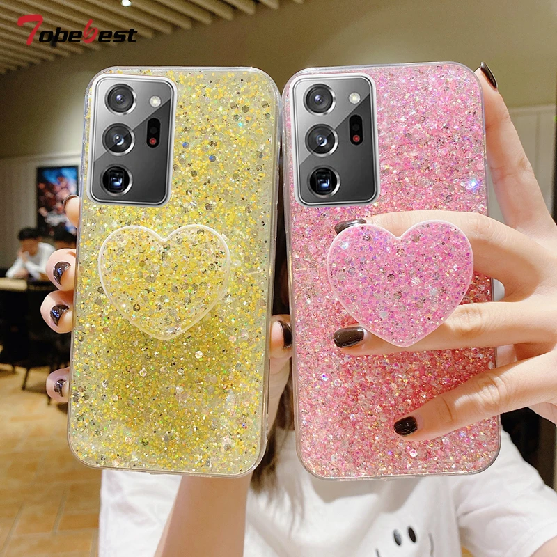 Shiny Glitter Heart Love Phone holder Case For Samsung Galaxy Note 20 Ultra 10 Plus Pro Gold Silver Foil Soft Silicone C_voghion.com