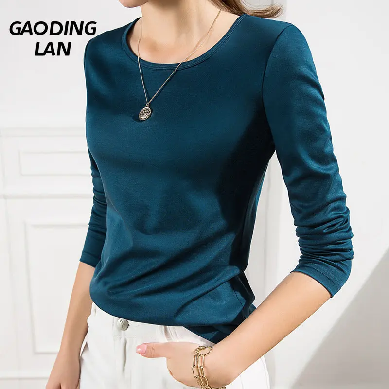 

High Grade Mercerized Cotton Long Sleeve Women Tops Autumn Winter Round Neck Solid Color T-shirts Slim Fit Basic Bottoming Shirt
