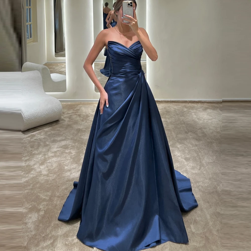 

OEING Strapless Navy Blue Prom Dresses Pleated Floor Length Elegant Backless A-Line Wedding Party Dress Evening Gowns Wear Robes